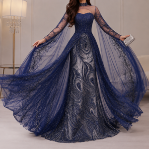 Vestido de Noche Azul Marino de Satén con Bordado y Cuentas, Estilo Sirena, con Mangas Transparentes, Elegante, Largo hasta el Suelo, para Fiesta Formal o Baile de Graduación - Product Image 5