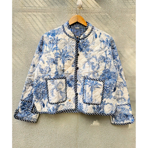 Handmade Blue White Floral <b>Quilted</b> Cotton <b>Jacket</b> Reversible Padded Coat with Pockets for Women Mandarin Collar gift for her - Product Image 1