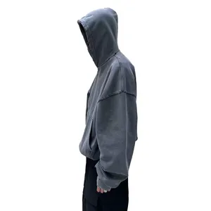 Vente en gros Sweat à capuche pour hommes Streetwear Oversize Uni Délavé Effet vieilli Coupe carrée Décontracté Style urbain Impression numérique personnalisée Délavage à l'acide - Product Image 2