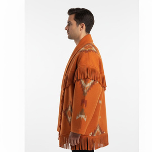 Cardigan en laine orange pour homme avec franges et motif géométrique, manches longues, manteau d'hiver décontracté, col rabattu, tricoté, coupe ample - Product Image 1