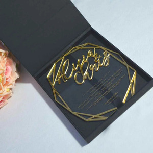 Geometric Clear Acrylic Wedding Invitation, 3D <b>Gold</b> Mirror Script Names, Faceted <b>Frame</b> Card with <b>Black</b> Invitation Box - Product Image 2