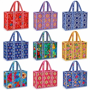 Panelled Tote <b>Bag</b> Blue <b>White</b> Stripe Trim Open Top Canvas Shopping All Seasons Preppy Style - Product Image 5