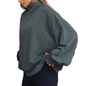 Sweat-shirt à col roulé oversize pour femme, 100% coton tricoté, épaules tombantes, noir uni, respirant, pour l'automne - Product Image 5