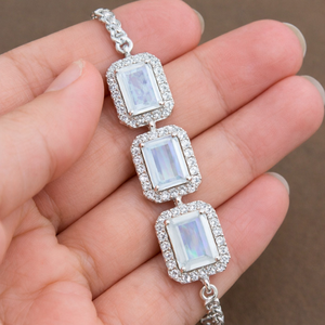 Trendy <b>Rainbow</b> Moonstone Emerald-Cut Micro Insert Women's Chain Bracelet Rhodium Plated 925 Sterling Silver Wedding Party Gift - Product Image 3