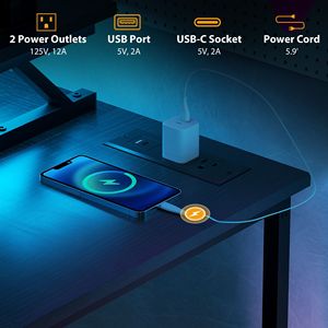 58\" Reversible L Shaped <b>PC</b> Desk Corner Desk with Monitor <b>Stand</b> Power Outlets LED Lights Bookshelf Black - Product Image 5