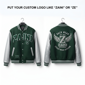 Veste universitaire haut de gamme en mélange de laine 450 GSM avec empiècements en cuir sur les manches, logo brodé personnalisé en twill, vert et blanc - Product Image 1