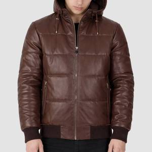 Veste matelassée à capuche marron pour homme avec fermeture éclair en cuir - Veste en cuir marron - Product Image 1