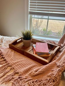 Large Teak Wood <b>Tray</b> with handles - Natural Wood Vintage Bed <b>breakfast</b> Perfect gift Modern Walnut Wood <b>Tray</b> Ottoman - Product Image 3