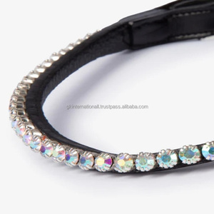 Personnalisé multicolore verre diamant cristaux bling décoratif noir anglais cuir cheval front bande pour bride - Product Image 1