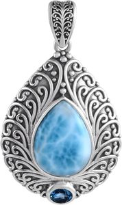 Nouveau Pendentif Fin en Argent Sterling 925 Massif, Sertie de Larimar Naturel Taillé Poire et de Topaze Bleue Ronde, Bijou Oxydé Pierre de Naissance - Product Image 4