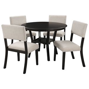 Espresso 5-Piece <b>Kitchen</b> Dining Table Set Round Table with Bottom <b>Shelf</b> & 4 Upholstered Chairs for Dining Room - Product Image 4