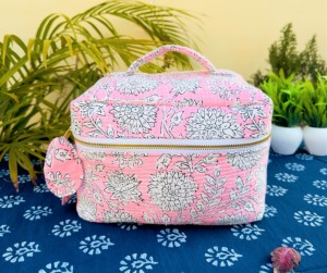 Pink Floral Cotton Quilted Cosmetic Bag With Zipper Closure Soft Handle Medium Size Bohemian Style Portable <b>Vanity</b> <b>Case</b> - Product Image 3