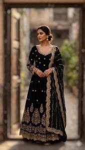 Robe Anarkali noire brodée à manches longues, longueur cheville, avec dupatta, tenue traditionnelle indienne et pakistanaise pour femmes - Product Image 2