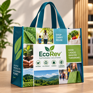 Bolsa de tela reutilizable EcoRev con logotipo personalizado, diseño de hojas, serigrafía, asa larga para compras y negocios (ECO55) - Product Image 1