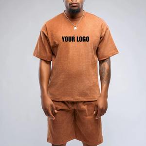 Conjunto de Sudadera y Pantalones Cortos de 2 Piezas de Talla Grande con Lavado Ácido de Alta Calidad, Color Sólido, Sudadera con Capucha, Personalizable con Logotipo - Product Image 1