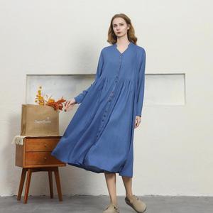 Women Boho Blue Plain Cotton Linen Maxi <b>Dress</b> With Button Front V-Neck <b>Loose</b> Fit Full Sleeve Summer Casual <b>Dress</b> - Product Image 3