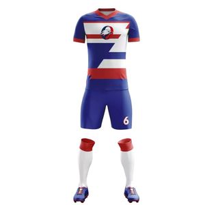 Ensemble de tenue de football bleu roi et rouge avec accents blancs, maillot de football à manches courtes et short, uniforme d'équipe respirant pour les matchs - Product Image 1