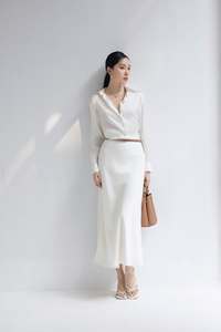 Women's <b>White</b> Floor-Length Satin Skirt with Elastic Waist Casual Elegant Solid Chiffon <b>Maxi</b> Dress Style All Seasons - Product Image 1
