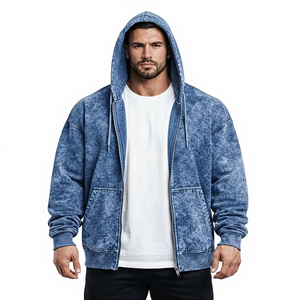 Sudadera con capucha de corte regular, gruesa, con cremallera, 100% algodón, azul, lavado ácido, forro polar, de secado rápido, antiarrugas, unisex, estilo urbano, para gimnasio - Product Image 4