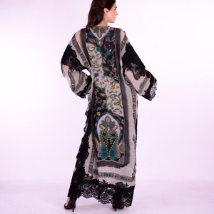 Luxury Woolen Printed Abaya Kaftan | Designer Lace-Trimmed Winter Ethnic <b>Cape</b> | Bohemian Pashmina Style Longline Kimono - Product Image 3