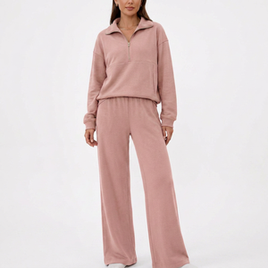 Ensemble de survêtement 2 pièces pour femme : sweat-shirt demi-zip et pantalon de jogging large, coupe décontractée, tenue d'automne, couleur unie, manches longues - Product Image 1