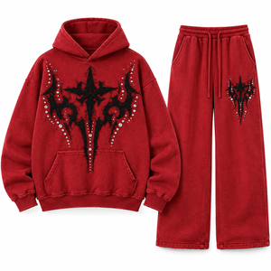 Ensemble sweat à capuche et pantalon de jogging unisexe en polaire rouge, broderie flamme étoile, style streetwear décontracté - Product Image 6