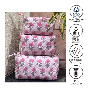 Premium Floral Pink Jaipur Hand block print Quilted cotton <b>toiletry</b> bag Set Zip Closure PVC Lining Sustainable Non Toxic Dyes - Product Image 3
