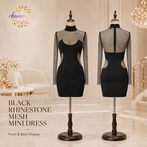 Abito Mini Aderente Nero Sexy con Strass e Rete, Maniche Lunghe, Collo Alto, Trasparenze, Vestito da Festa Scintillante per Donne - Product Image 5