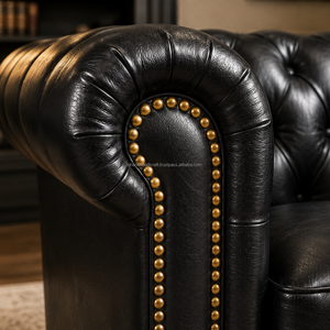 Fauteuil Chesterfield moderne en cuir noir, dossier capitonné de luxe, avec garniture de clous dorés, canapé monoplace pour bureau et maison - Product Image 4