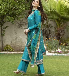 Elegant Teal 100% Silk Embroidered Long <b>Sleeve</b> Midi Dress with Beading and Jewel Neck for Formal/Casual Party Wear Anti-Wrinkle - Product Image 3