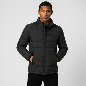 Chaqueta Acolchada Negra con Cuello Alto, Cierre de Cremallera, Resistente al Viento, Abrigo de Invierno, Corte Regular, Relleno de Poliéster, Estilo Casual - Product Image 1
