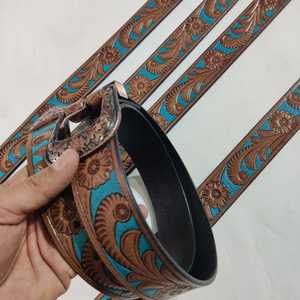Ceintures Western en Cuir Véritable Haut de Gamme, Personnalisées, Faites à la Main, Motifs Floraux Gaufrés, Vintage, en Alliage Durable, Lot de 6 Pièces - Product Image 6