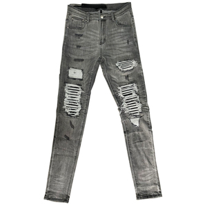 Jean en denim déchiré et vieilli pour homme, coupe slim, taille mi-haute, jambe droite, style streetwear, en coton, pour l'automne - Product Image 4