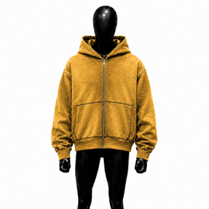 Sudadera con capucha extragrande dorada con cremallera completa, textura grabada, estilo urbano, de tejido grueso, con mangas desgastadas, informal, unisex - Product Image 1