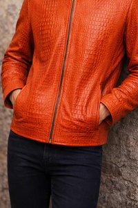 Veste en cuir véritable pour homme, orange, effet croco, col montant, fermeture éclair sur le devant, coupe ajustée, style automne - Product Image 3