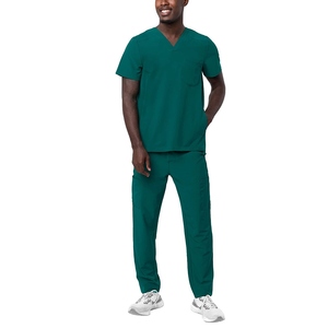 Men Green V-Neck Short Sleeve Scrub <b>Top</b> And Pants Set Cotton Polyester Woven Hospital Uniform - Product Image 1