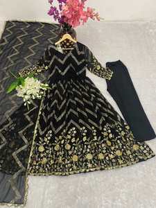 Vestido Anarkali Negro Bordado de Manga Larga con Dupatta, Vestido de Fiesta y Boda para Mujer, Reversible, Sin Arrugas, en Stock 314 - Product Image 3