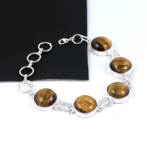 Wholesale 925 Sterling Silver Tiger Eye Link <b>Bracelet</b> Handcrafted Natural Opaque Gemstone Round <b>Stone</b> Chain <b>Bracelet</b> Jewelry - Product Image 3