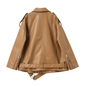 Chaquetas de cuero sintético para mujer, estilo motociclista, con hombros caídos y detalles de encaje, impermeables, acolchadas, holgadas, informales, para primavera y otoño - Product Image 4