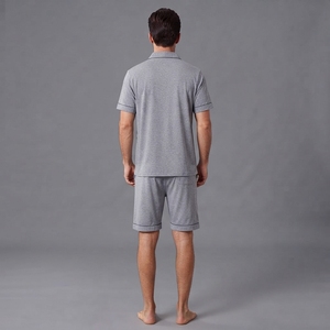Ensemble de pyjama pour homme en coton 100% gris, couleur unie, manches courtes, respirant, boutons sur le devant, short, vêtements de nuit - Product Image 3