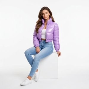High Quality Purple Quilted Puffer <b>Jacket</b> With Stand Collar Zipper Closure <b>Short</b> Winter Coat For Women Solid Color Polyester - Product Image 1