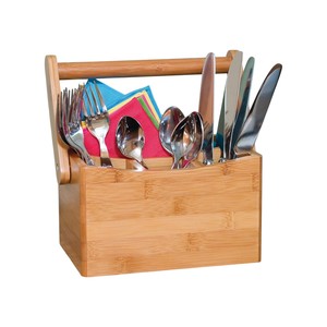 Porta utensilios de bambú con logotipo personalizado, con asa y compartimento, caja de almacenamiento para cubiertos, para restaurante, fiesta, venta al por mayor - Product Image 1