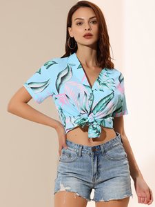 Blusa Corta de Verano para Mujer, Estilo Hawaiano, con Estampado Floral, 100% Algodón Tejido, Cuello en V, Manga Corta, con Botones - Product Image 3