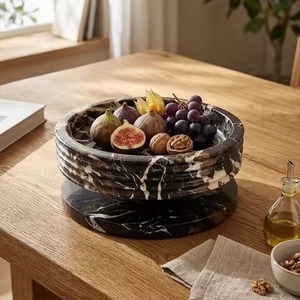 Bol de service moderne en marbre veiné noir et blanc, à base côtelée, plateau tournant à étages, idéal pour les apéritifs et les collations lors de fêtes - Product Image 1
