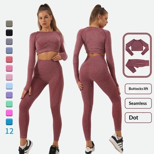 Nouvel Arrivage Ensemble 2 Pièces Sans Couture Respirant pour Femme, Idéal Yoga : Haut Manches Longues Uni et Legging Court Taille Haute Moulant - Product Image 2