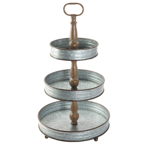 Farmhouse 3 Tier Galvanized Metal Serving Stand With Handle Decorative Round Iron Tiered Tray For Desserts <b>Cupcakes</b> & Home Decor - Product Image 4