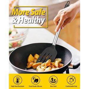 Set di 4 Utensili da Cucina in Silicone Senza BPA, Spatole Grandi Antiaderenti Resistenti al Calore, Cucchiai Forati Neri Stile Ki - Product Image 5