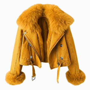 Veste moto en jean jaune pour femme avec col et poignets en fourrure de renard, manteau court chaud d'hiver à manches longues, couleur unie - Product Image 2