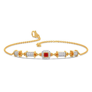 <b>Red</b> Center Diamond Link <b>Bracelet</b> with Yellow Gold Chain and Geometric Halo Bar Design - Product Image 1