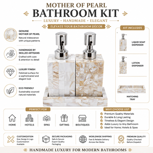 Kit d'accessoires de salle de bain de luxe faits à la main, écologiques et modernes en nacre, avec distributeur de savon et de lotion, et plateau assorti, pour la décoration de la maison et des hôtels - Product Image 5